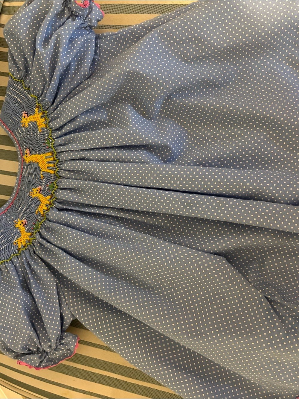 Blue Polka Dot Smocked Top with Giraffe Embroidery